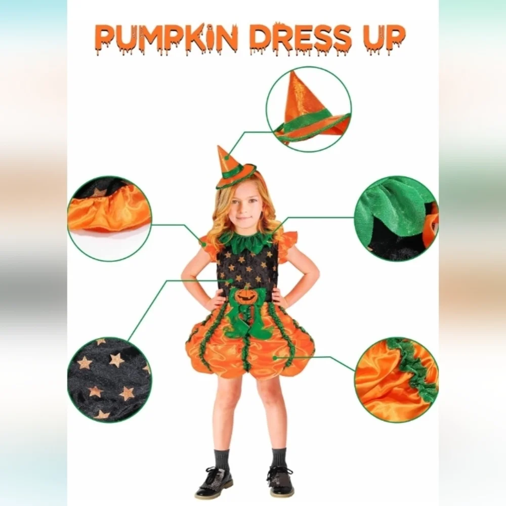 Halloween Pumpkin Witch Costume Orange Green and Black Dress with Mini H…